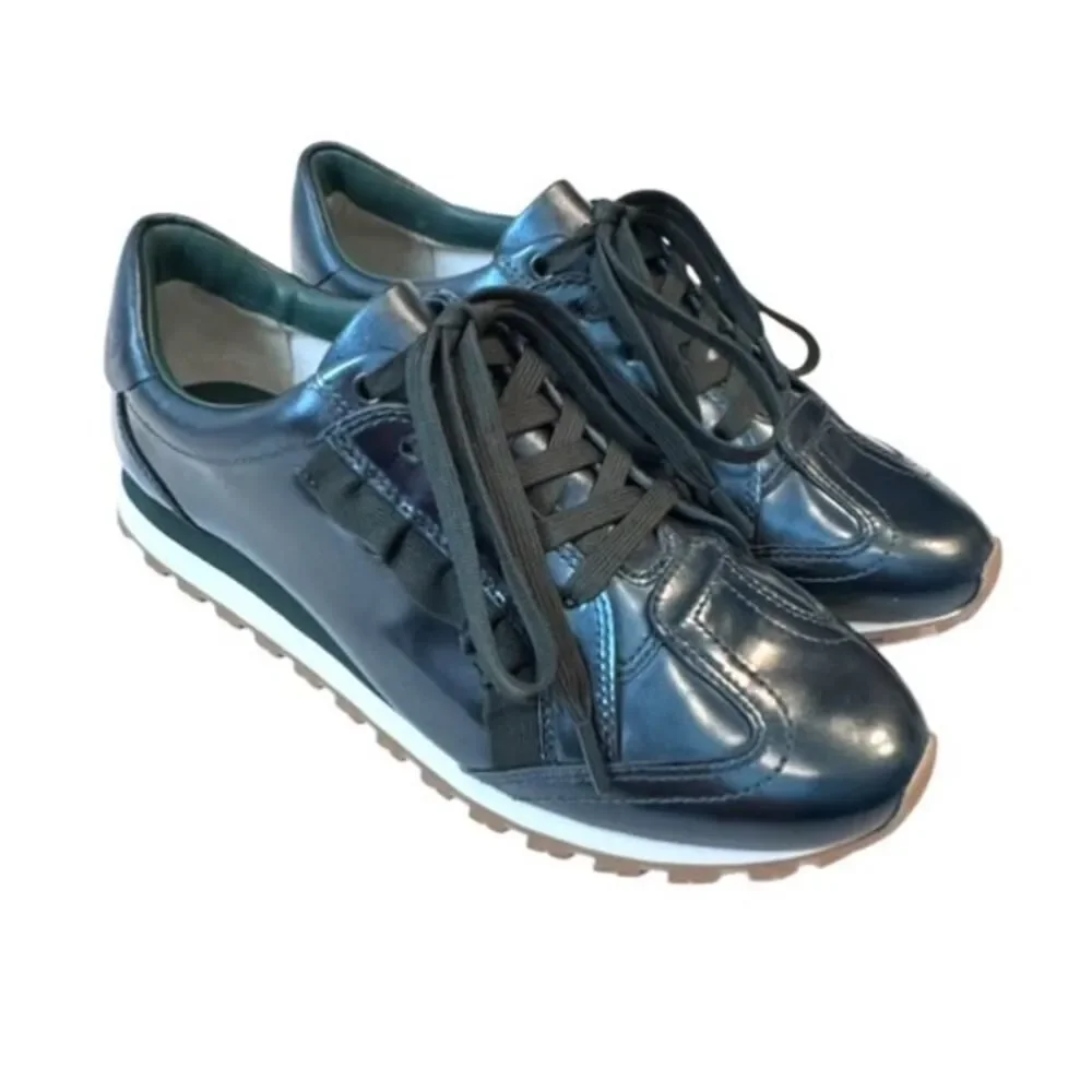 Tory Burch Ruffle Trainer Sneaker Metallic Green Leather Women’s 8.5 New No Box